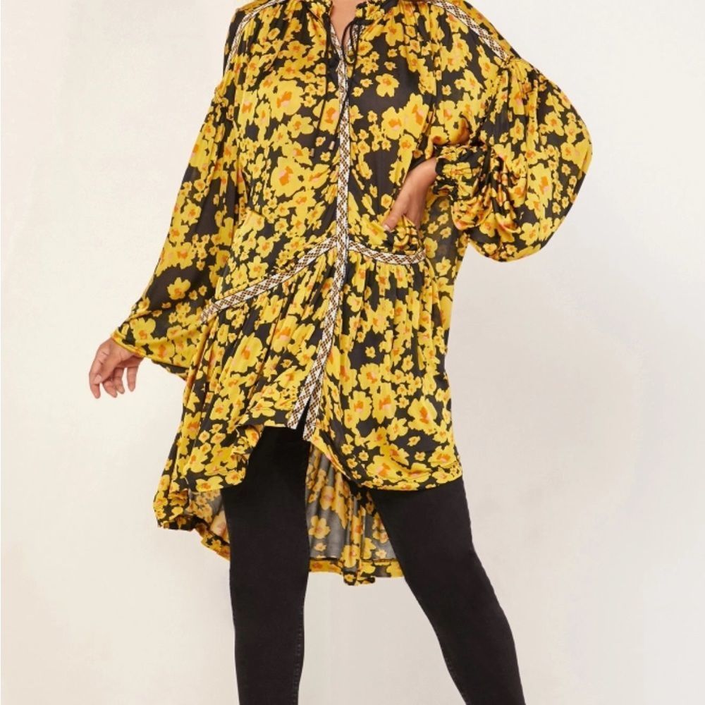 Free People Size Small Tunic Top Love Letter Black Combo Yellow Floral Shirt S. - Picture 4 of 12